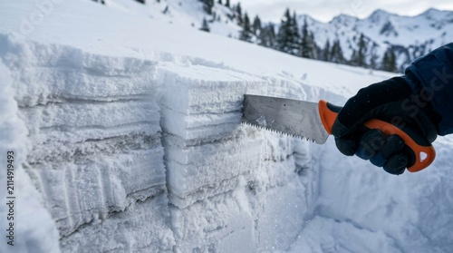 Gloved hand cuts ice blocks with a saw in a snowy landscape.