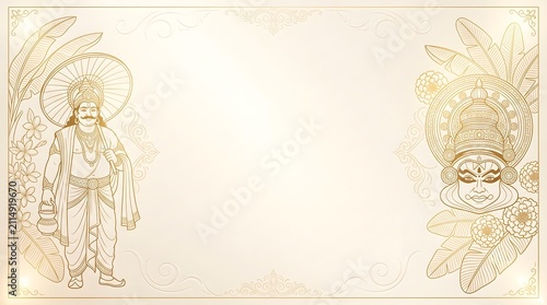 Onam festival golden line art background with king mahabali with kathakali mask surrounded