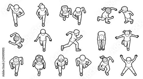 Architectural plan view CAD block set of running children scale figures
