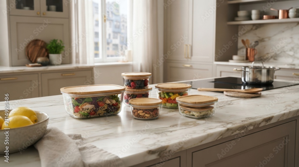 Fototapeta premium Healthy meal prep in glass containers on a modern kitchen counter