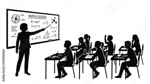 Educational vector illustration of a teacher instructing students inside a modern classroom setting with chalkboard equations