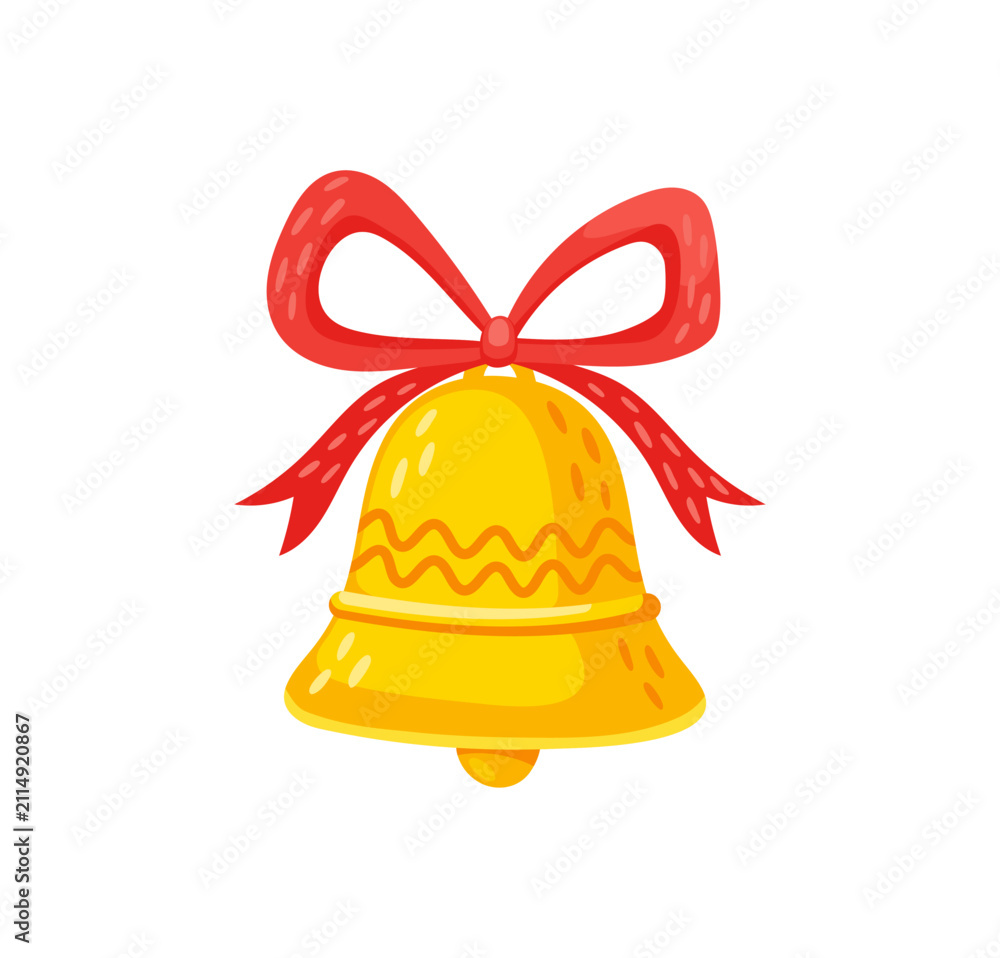 Fototapeta premium Christmas golden bell with ribbon for winter holiday and Xmas tree decoration, cartoon vector icon. Christmas jingle bell ornament for New Year decoration gift and Merry Christmas greeting