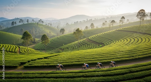 Triathlon athletes cycling on a scenic road through lush green tea plantations in the rolling hills