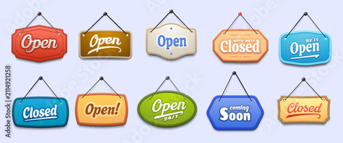 Open and closed signboards for shop or store door sign boards, vector icons. Coming soon, 24 7 open and close signboards or banners hanging on strings for supermarket or kiosk and restaurant door sign