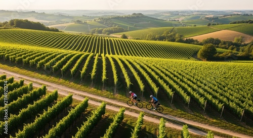 Two cyclists explore scenic vineyard hills during golden hour morning light