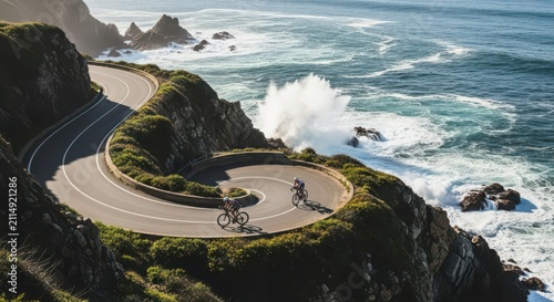 Two Cyclists Navigating a Winding Coastal Road Above Crashing Ocean Waves