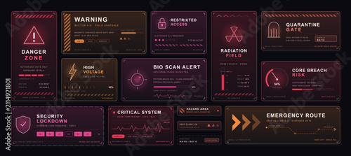 Sci-fi HUD warning alert panels UI UX kit featuring futuristic industrial terminal screen labels, notifications, warnings, attention, cautions, callouts. Cyberpunk GUI Vector HUD indicators, alerts