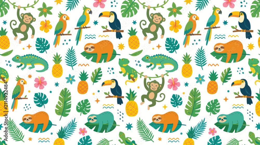 Fototapeta premium Cute Flat Cartoon Illustration Seamless Pattern with Tropical Jungle Animals Plants for Children's Design