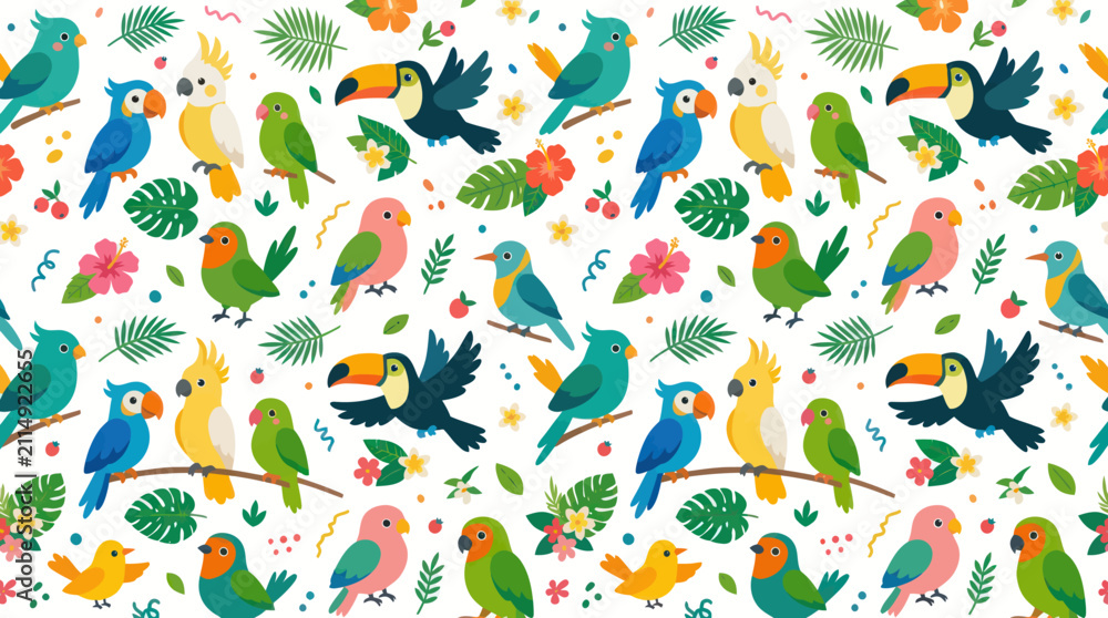 Obraz premium Cute Colorful Tropical Birds, Parrots, and Toucans Flat Vector Seamless Pattern for Nature Wildlife Illustration