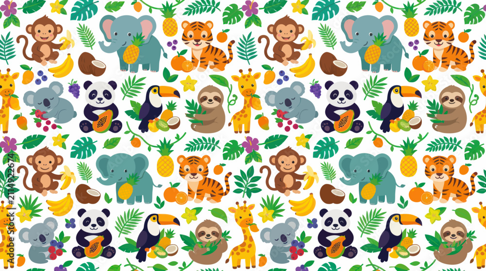 Fototapeta premium Cute Jungle Animals Seamless Pattern, Flat Design, Children's Fabric