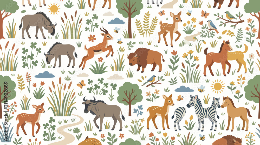 Obraz premium Cute Safari Animals Pattern, Flat Design, Wildlife Vector Art