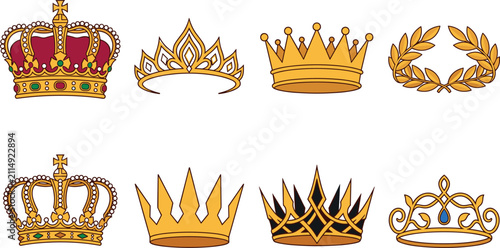 Fotografie Royal crown and tiara vector collection featuring regal headpieces, laurel wreat