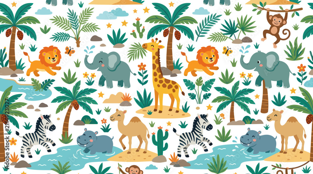 Obraz premium Cute Safari Animals Pattern - Flat Design Vector Illustration for Kids