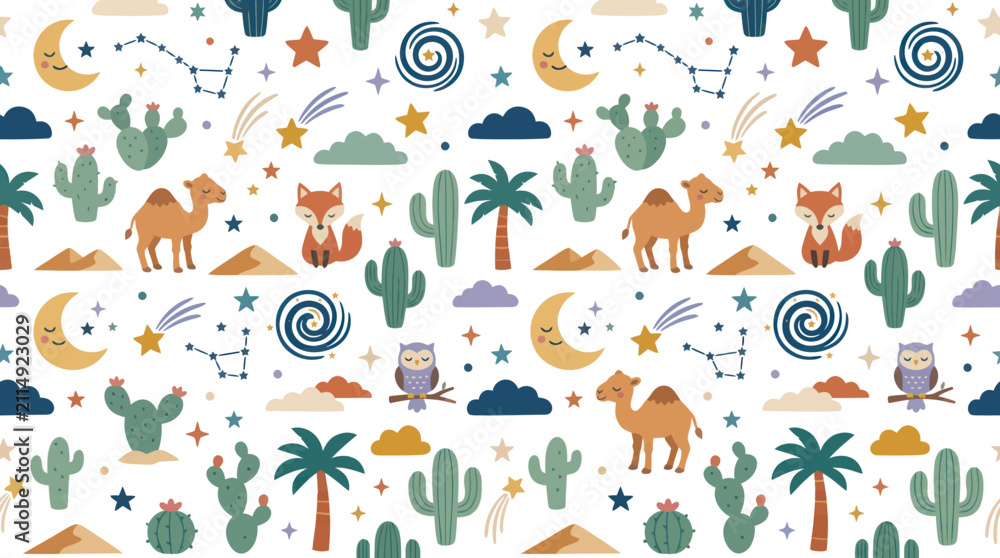 Obraz premium Cute Desert Animals, Cacti, Moon, Stars Seamless Pattern - Flat Illustration