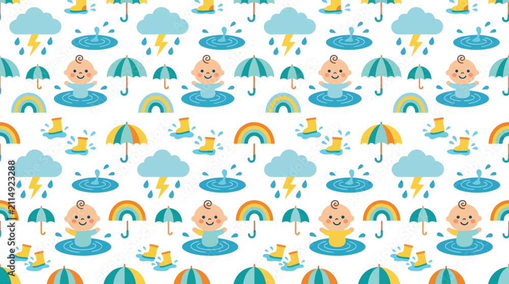 Fototapeta premium Baby Rainy Day Flat Illustration Seamless Pattern with Cute Umbrellas, Clouds, and Rainbows
