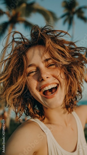 A joyful woman with windblown hair laughs heartily against a blurry palm tree background.