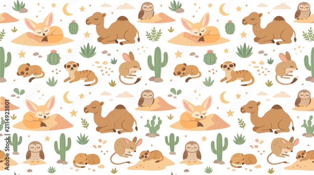 Obraz premium Cute Desert Animals Seamless Pattern. Fennec Fox, Camel, Meerkat, Owl Cartoon Flat Vector Art for Kids