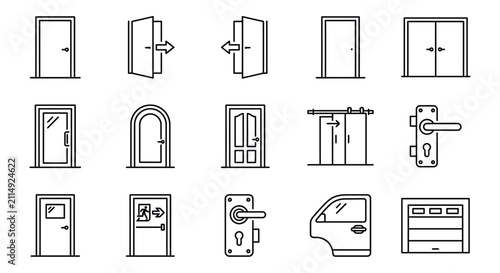 Line art depictions of various doors and door hardware on a white background entryway entrance access portal