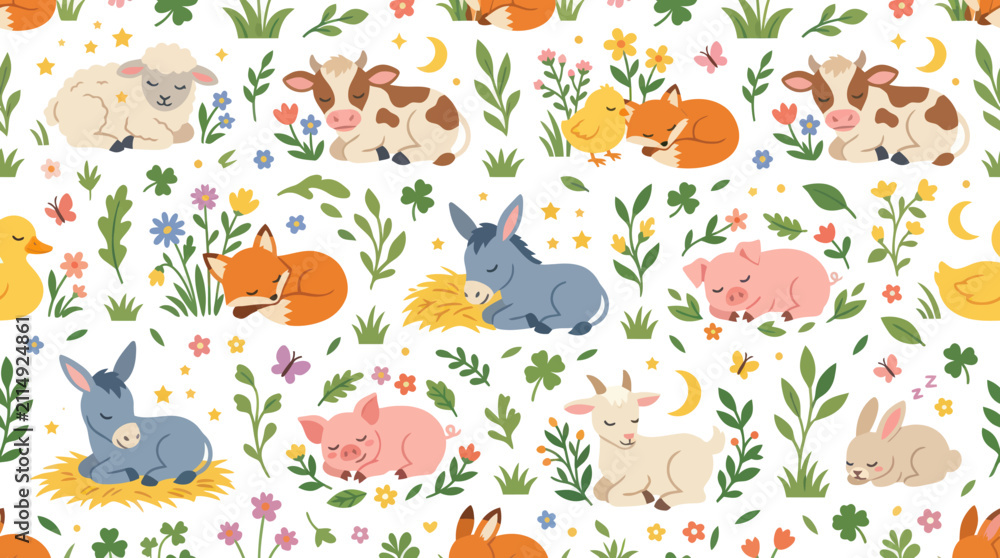 Obraz premium Cute Farm Animals Seamless Pattern - Baby Sheep, Cow, Pig, Fox, Duckling, Donkey