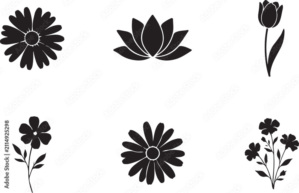 Fototapeta premium Black flower silhouettes and botanical set blossom nature