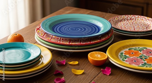Stack of colorful patterned ceramic plates on table.