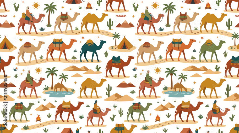 Fototapeta premium Cartoon Flat Vector Seamless Pattern: Desert Adventure with Camels, Travelers, Oasis Dunes