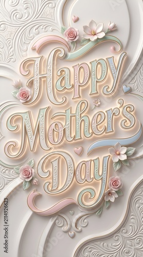 Pastel Floral Happy Mother's Day Typography Featuring Elegant Embossed Ornament with Soft Botanical Decorative Details