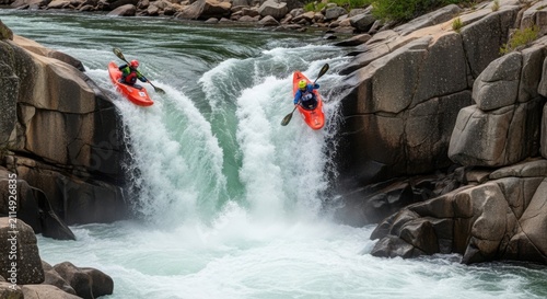 Two kayakers courageously descend a powerful waterfall in a thrilling river adventure