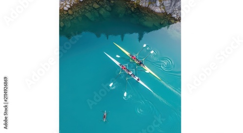 Two racing rowing pairs glide across turquoise water, one solo kayak follows