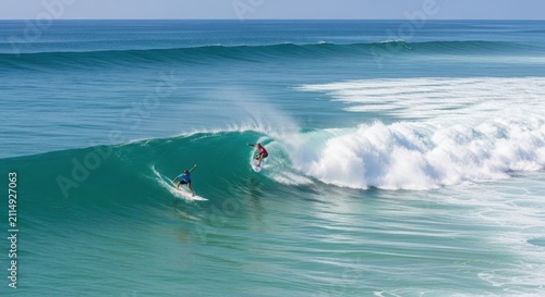 Two skilled surfers riding massive ocean waves in a thrilling competition on a sunny day