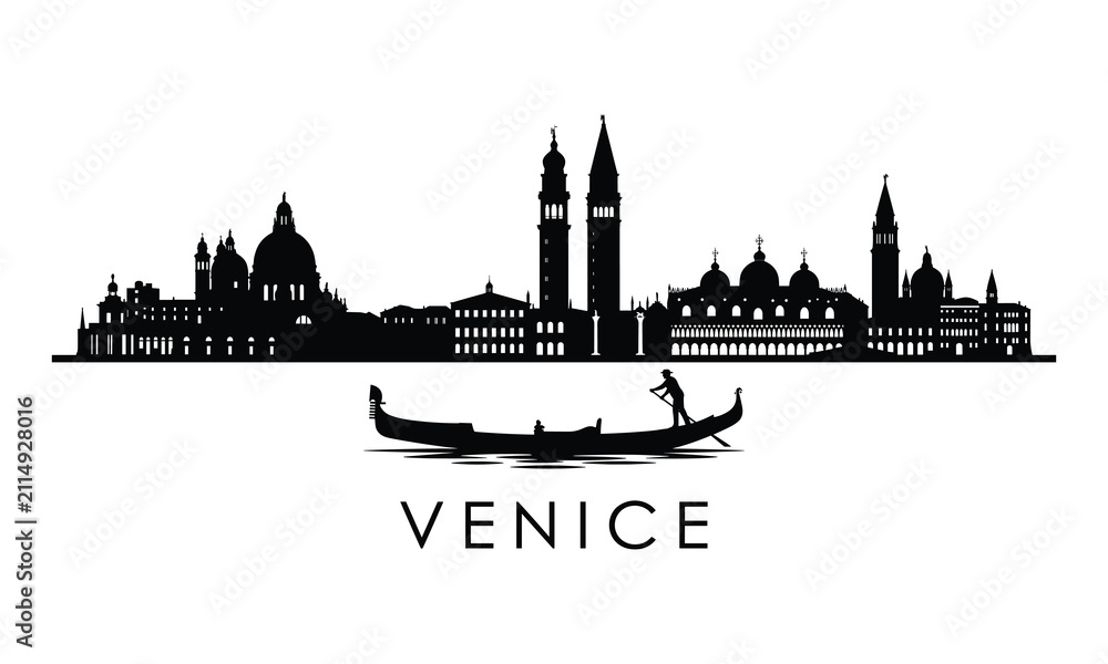 Fototapeta premium Venice skyline silhouette, gondola boat vector, Italian landmark panorama, Saint Mark square, cathedral architecture, cityscape design, travel illustration background, graphic.
