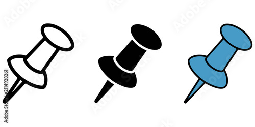 Pinned item icon. Pushpin symbol. Pin button sign. Simple pictogram for saved note, fixed message, important content, three design in one file, outline, silhouette , blue color