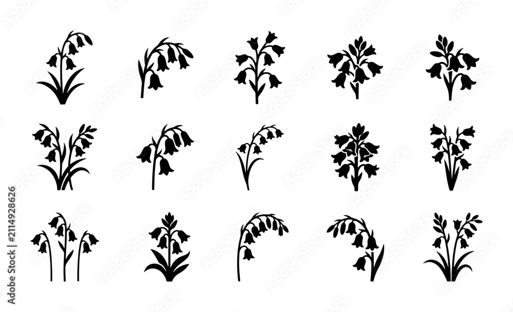 Fototapeta premium Bell Flower Vector Icons, Bluebell Botanical Silhouettes, Floral Sprig Graphics, Nature Elements Collection