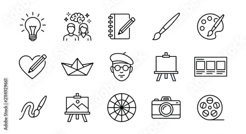 Collection Of Artistic Line Icons Featuring Lightbulb Painter And Camera On White Background art artist artwork brush