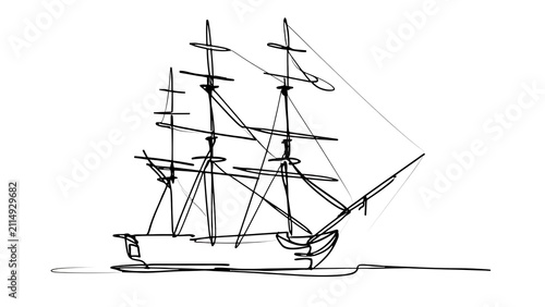 Vintage sailing ship line art white background.