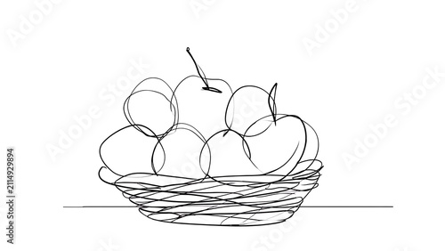 Line drawing of apples in basket white background.