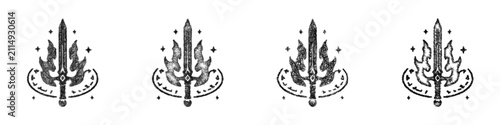 Foto Sketch black and white weapon enchantment icon design set