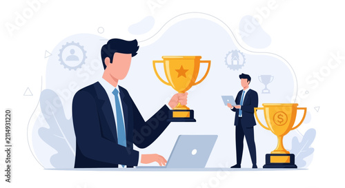 Business Success and Achievement: People in Suits with Trophies and Laptops
