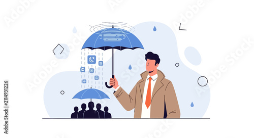 Business Protection and Security: Man with Umbrellas Shielding Team and Digital Icons from Rain