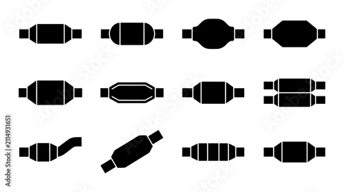 Bild auf Leinwand Automotive Exhaust System Components Vector Icons, Car Muffler Silencer Shapes,