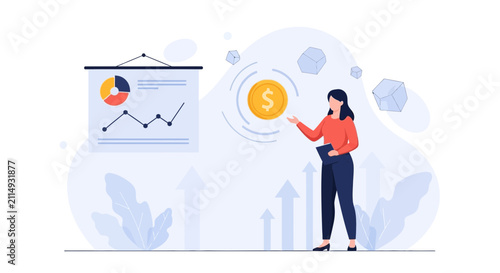 Businesswoman presenting financial growth and investment strategy with charts and dollar coin