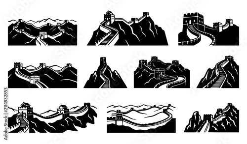 Great Wall of China silhouette collection with panoramic mountain range watchtower stairway and fortress black vector illustration scenery set