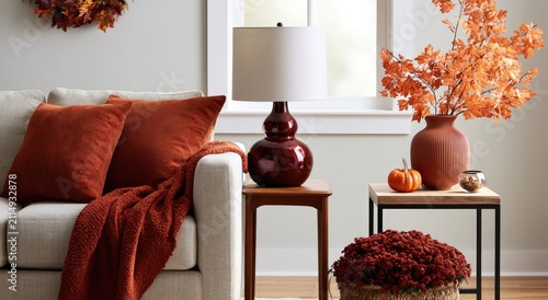 Cozy living room vignette with warm autumnal colors and textures