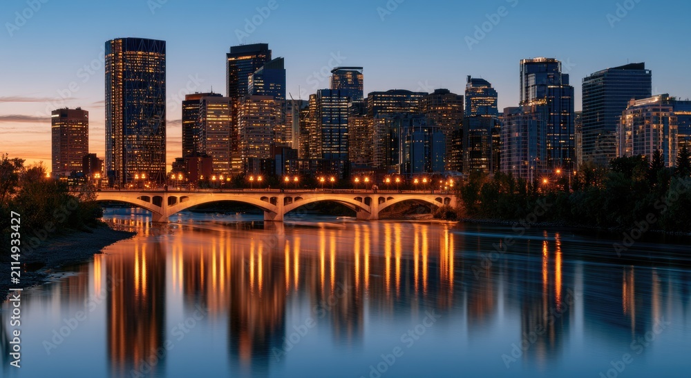 Naklejka premium Illuminated city skyline reflects on a calm river at twilight, lights glowing