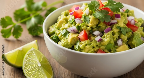 Fresh homemade guacamole dip in white bowl with cilantro and lime, guacamole