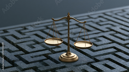 Golden Scales of Justice Balance on an Intricate Labyrinth or Maze Surface, Symbolizing Complex Decisions and Ethical Dilemmas