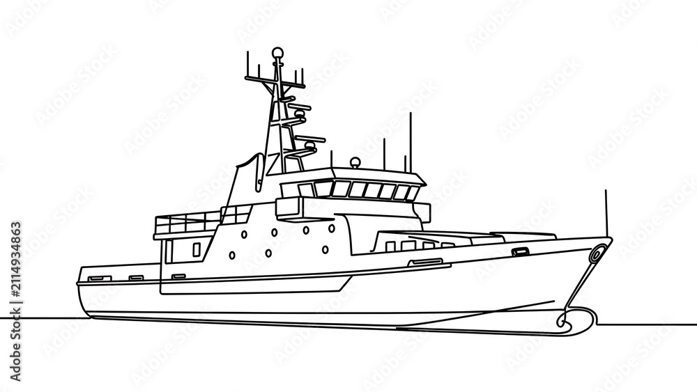 Obraz premium Military patrol boat line drawing white background.