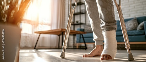 Injured person with casted leg and crutches stands in sunlit room