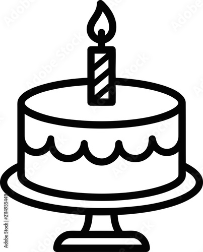 Simple line drawing of a birthday cake with one lit candle on a stand