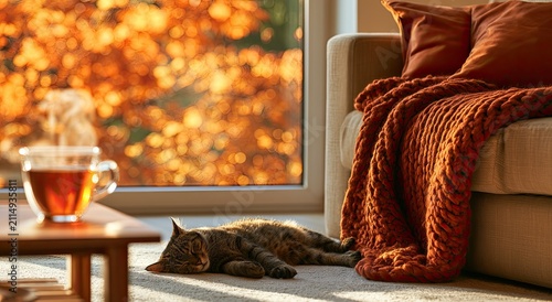A cozy scene of a sleeping cat by a sunlit window with autumn leaves